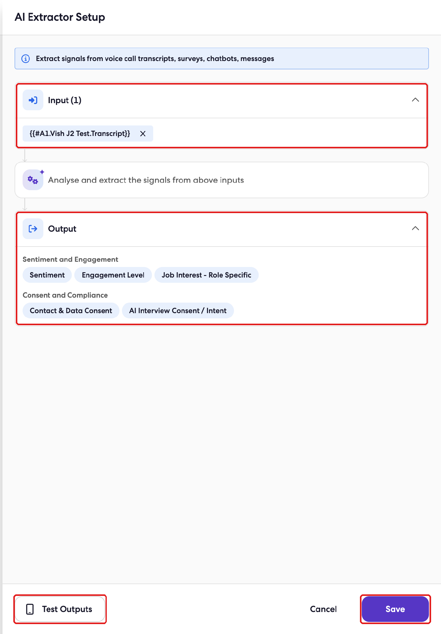 AI Extractor Setup panel with the Input transcript variable, the five Output signals, and the Test Outputs and Save buttons highlighted