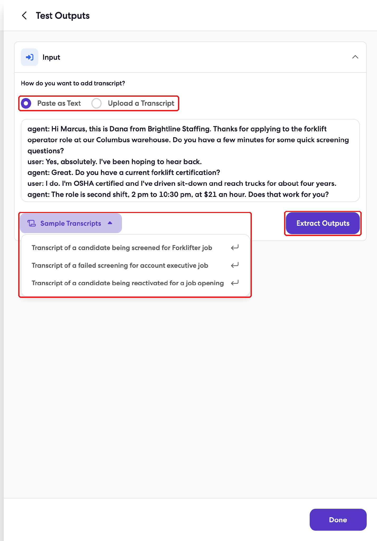 Test Outputs panel with the transcript options, Sample Transcripts list, and Extract Outputs button highlighted