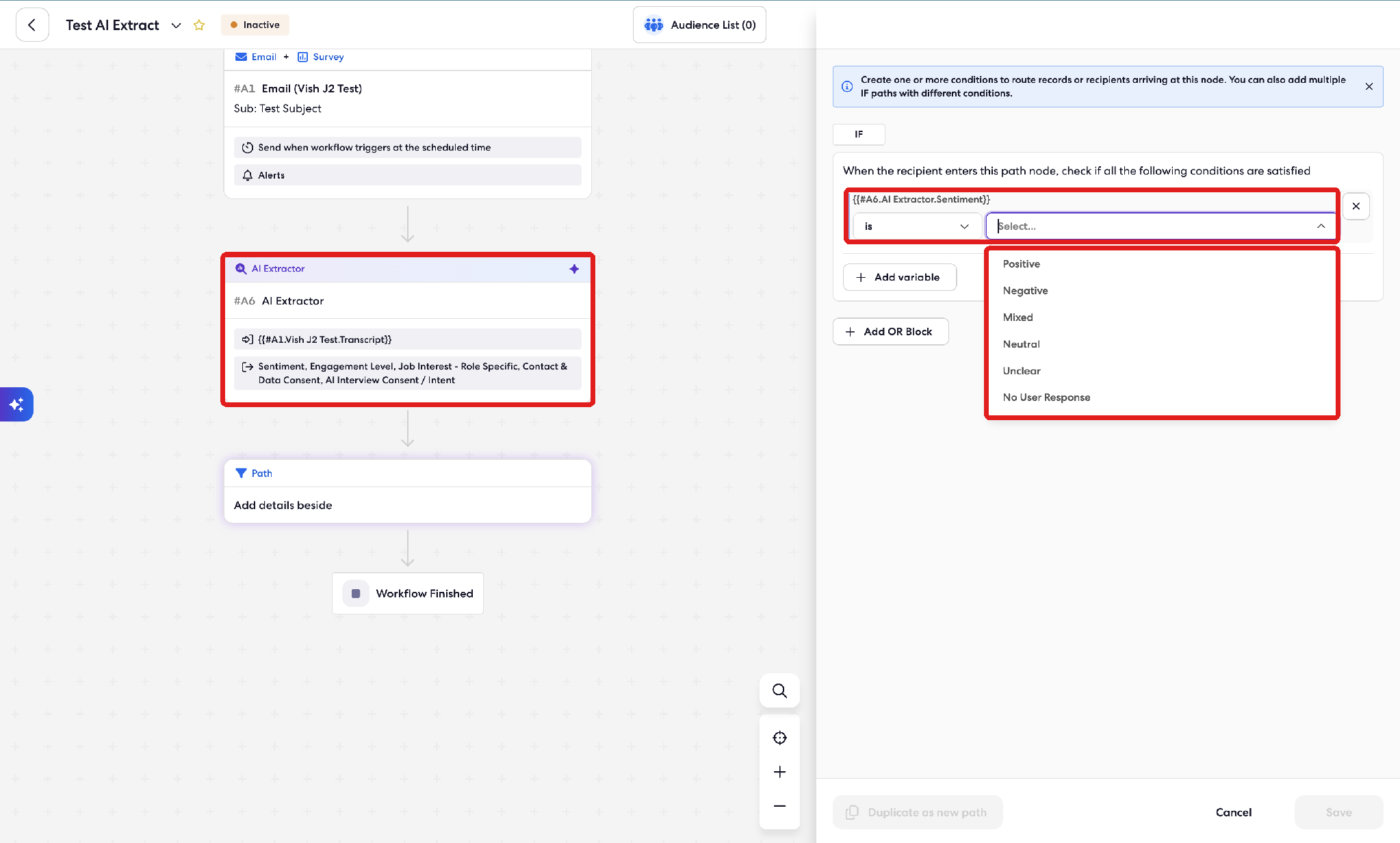 Path condition settings with the AI Extractor step and the Sentiment value list highlighted
